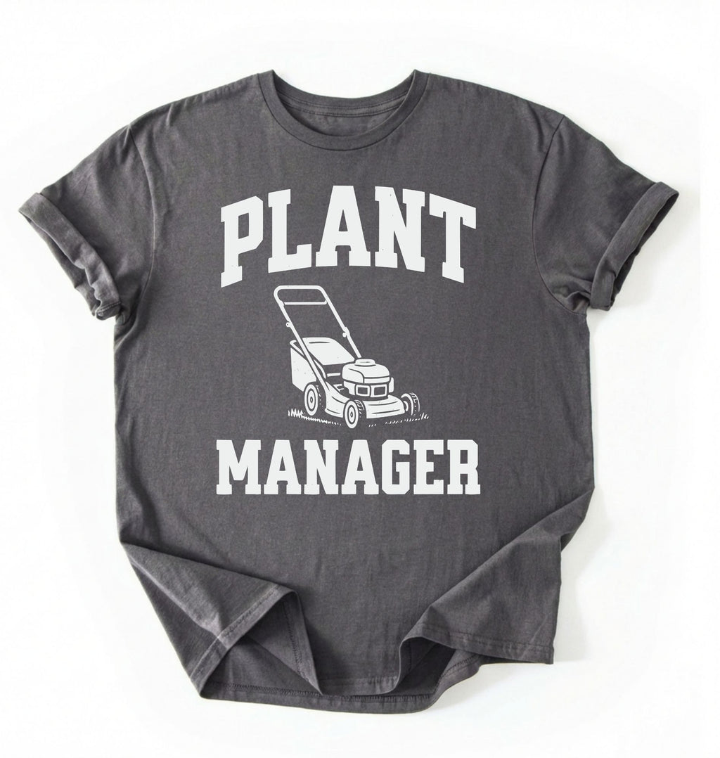 Flat lay of a pepper Gardening dad shirt featuring bold varsity style Plant Manager text on a white background 