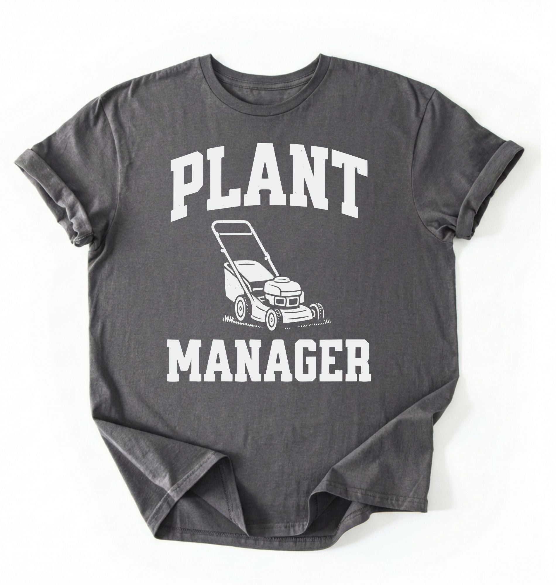 Flat lay of a pepper Gardening dad shirt featuring bold varsity style Plant Manager text on a white background 