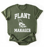 Flat lay of a Moss_Military_Green Gardening dad shirt featuring bold varsity style Plant Manager text on a white background 
