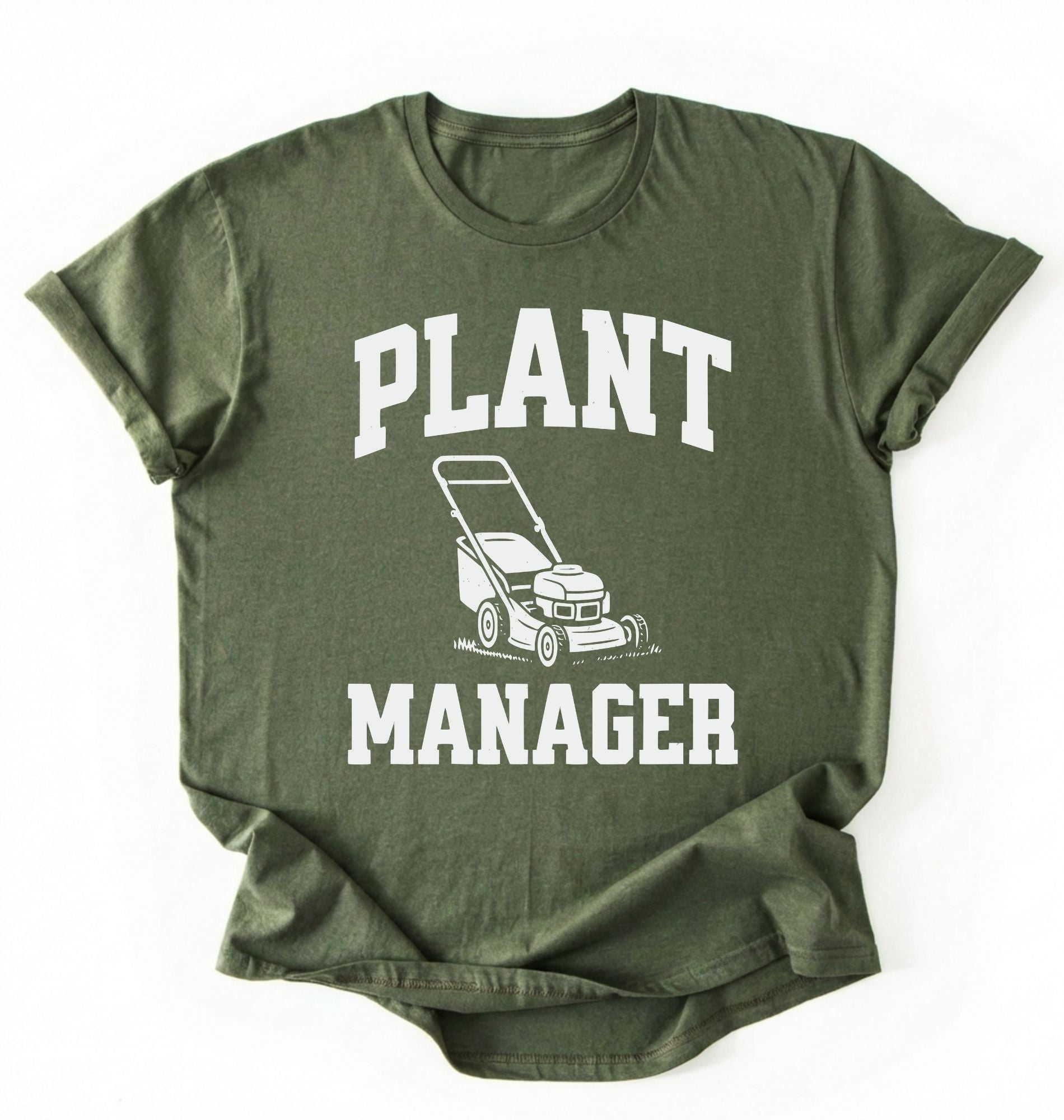 Flat lay of a Moss_Military_Green Gardening dad shirt featuring bold varsity style Plant Manager text on a white background 