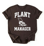 Flat lay of a brown Gardening dad shirt featuring bold varsity style Plant Manager text on a white background 