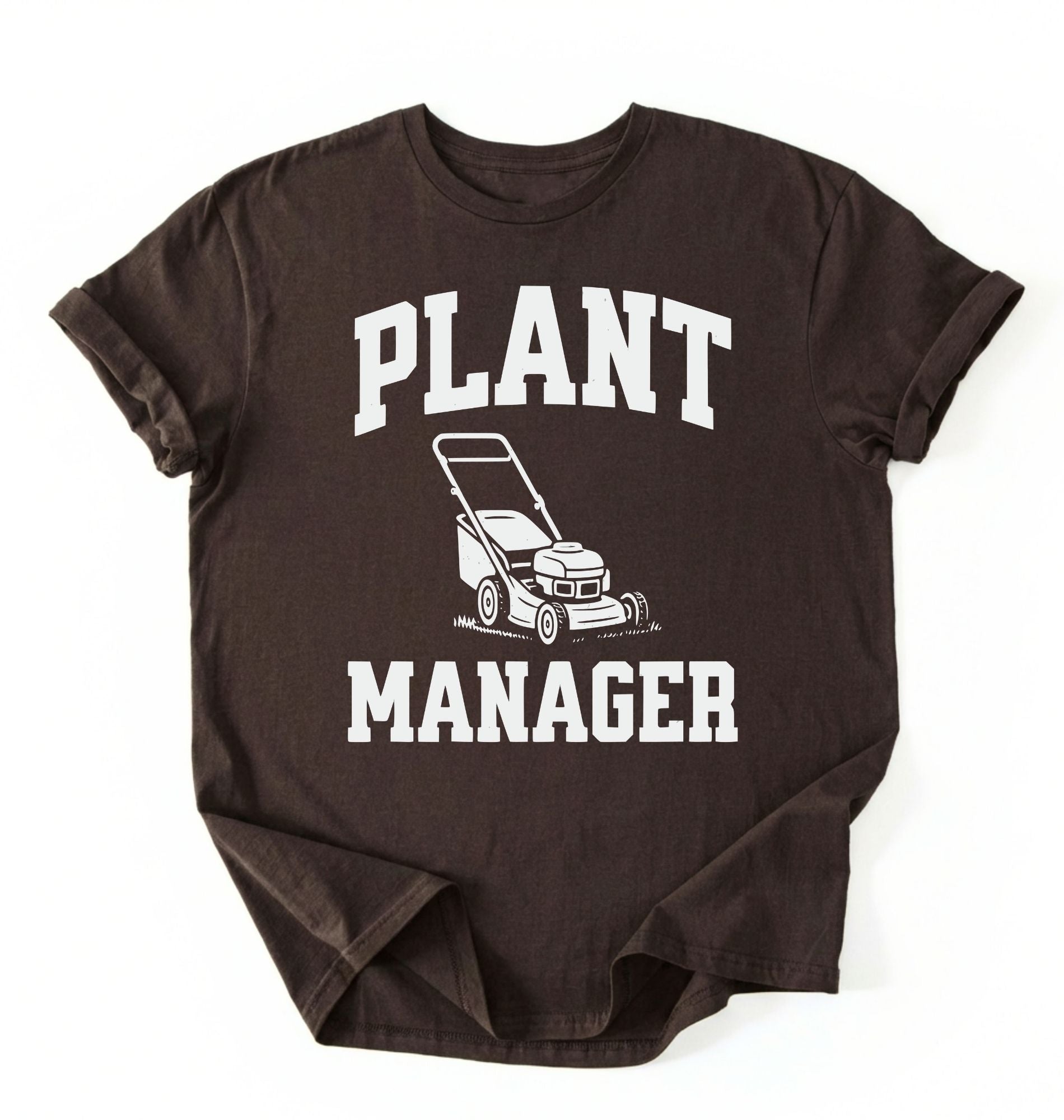 Flat lay of a brown Gardening dad shirt featuring bold varsity style Plant Manager text on a white background 