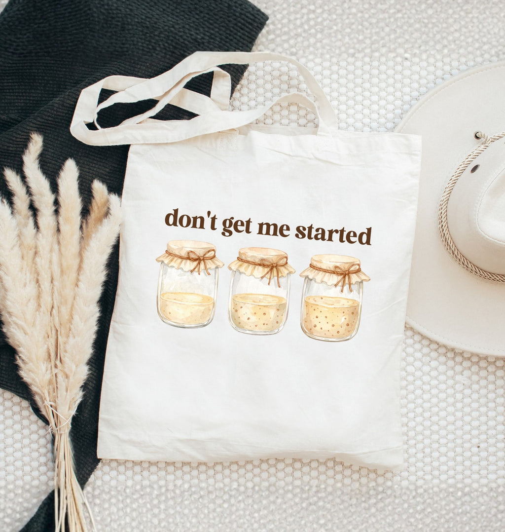 Reusable canvas tote bag with sourdough starter illustration and baking theme