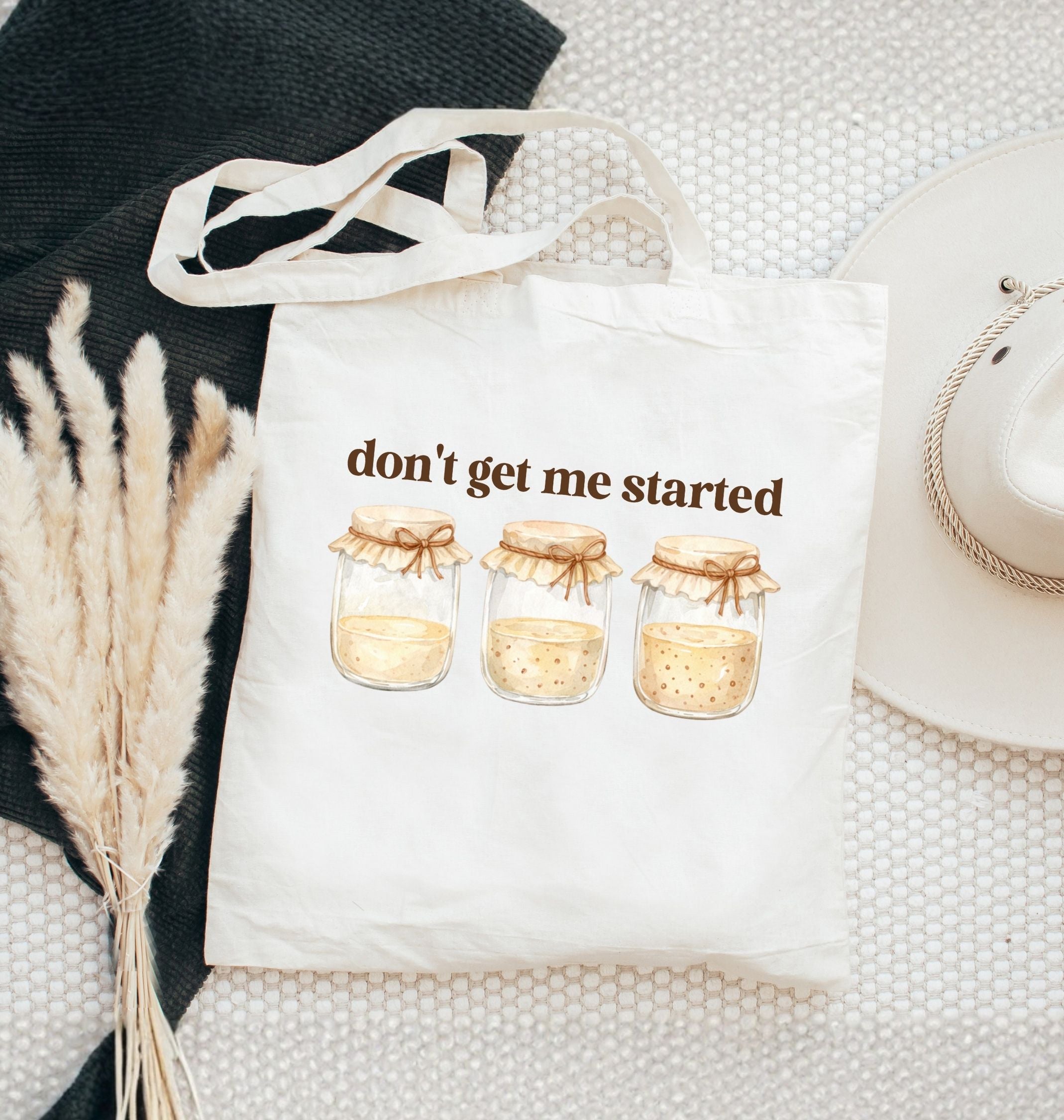 Reusable canvas tote bag with sourdough starter illustration and baking theme