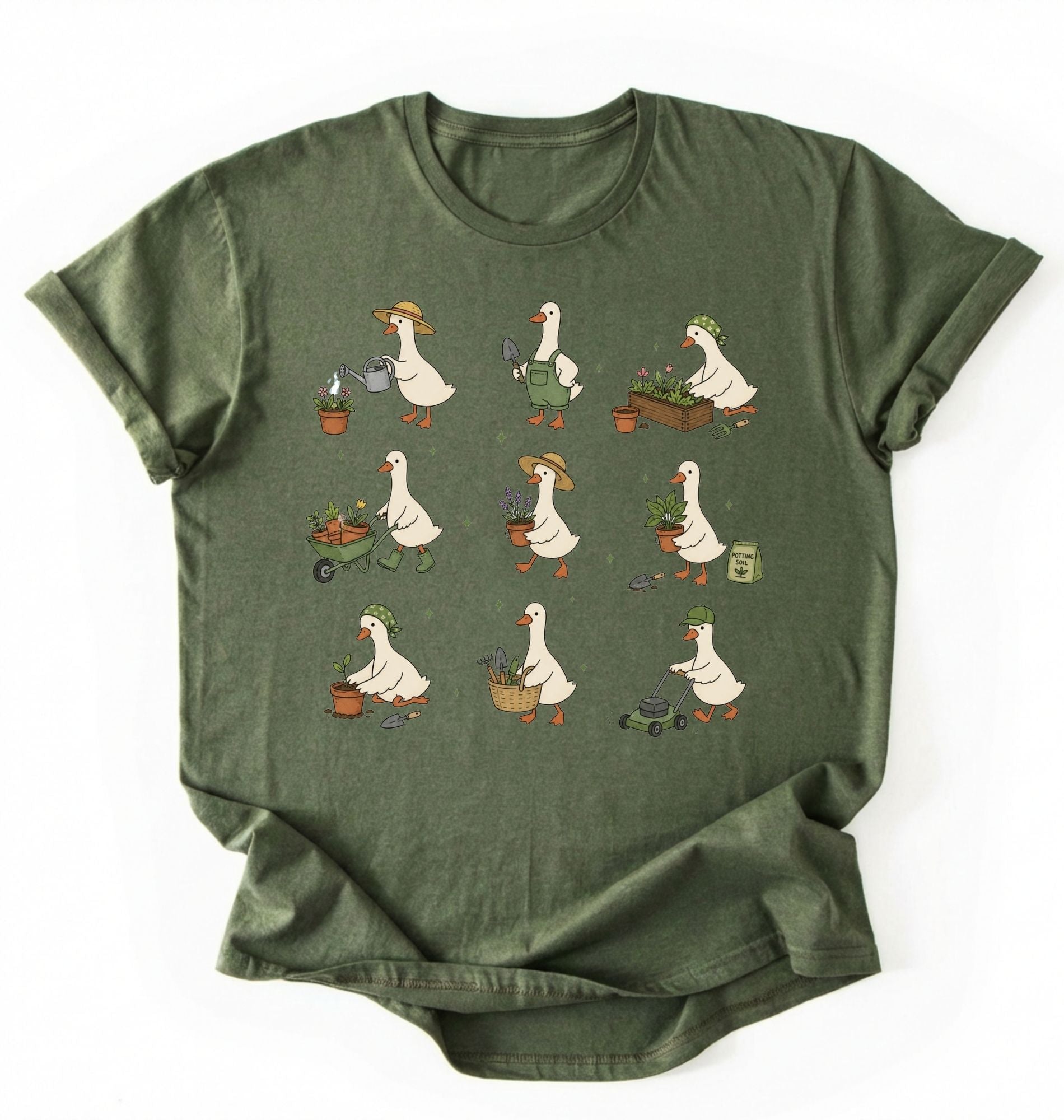 Flat lay of a gardening goose shirt a green cute goose t shirt cottagecore gardening aesthetic gift on a white background 