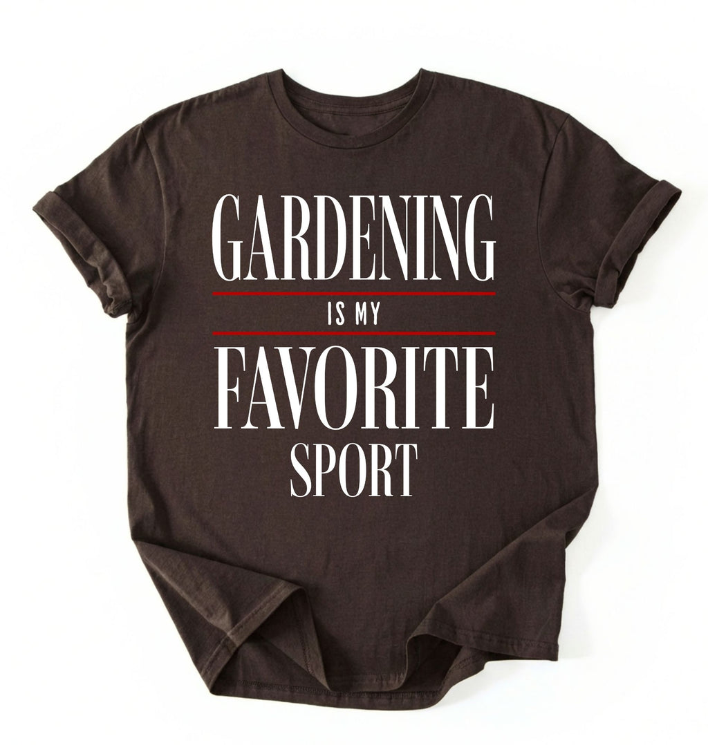 Flat lay of a Funny gardening shirt that says Gardening Is My Favorite Sport, perfect gardener gift for plant lovers on a white background 