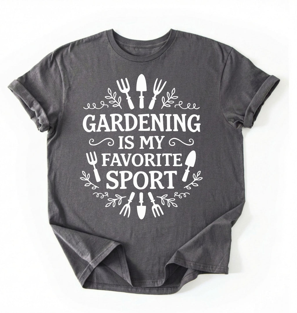 Flat lay of a charcoal Gardening is my favorite sport shirt with garden tools design perfect gift for gardeners and plant lovers on a white background