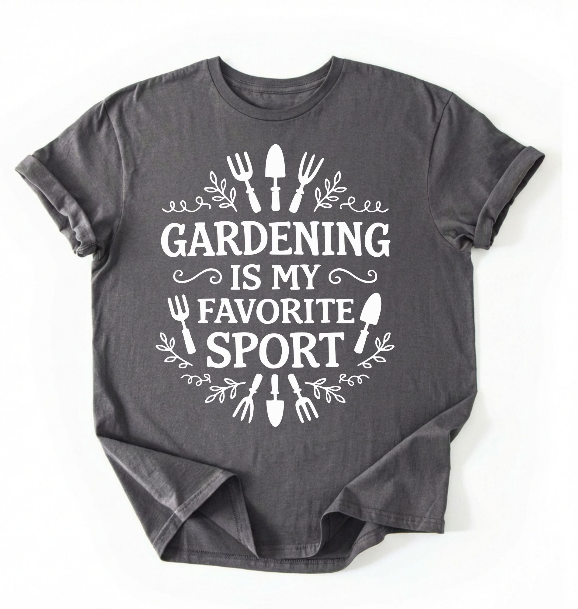 Flat lay of a charcoal Gardening is my favorite sport shirt with garden tools design perfect gift for gardeners and plant lovers on a white background