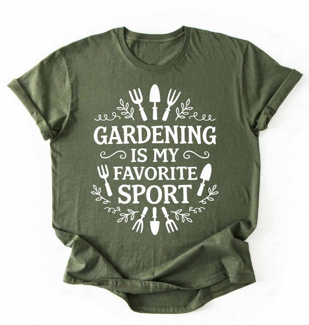 Flat lay of a moss military green Gardening is my favorite sport shirt with garden tools design perfect gift for gardeners and plant lovers on a white background
