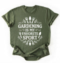 Flat lay of a moss military green Gardening is my favorite sport shirt with garden tools design perfect gift for gardeners and plant lovers on a white background