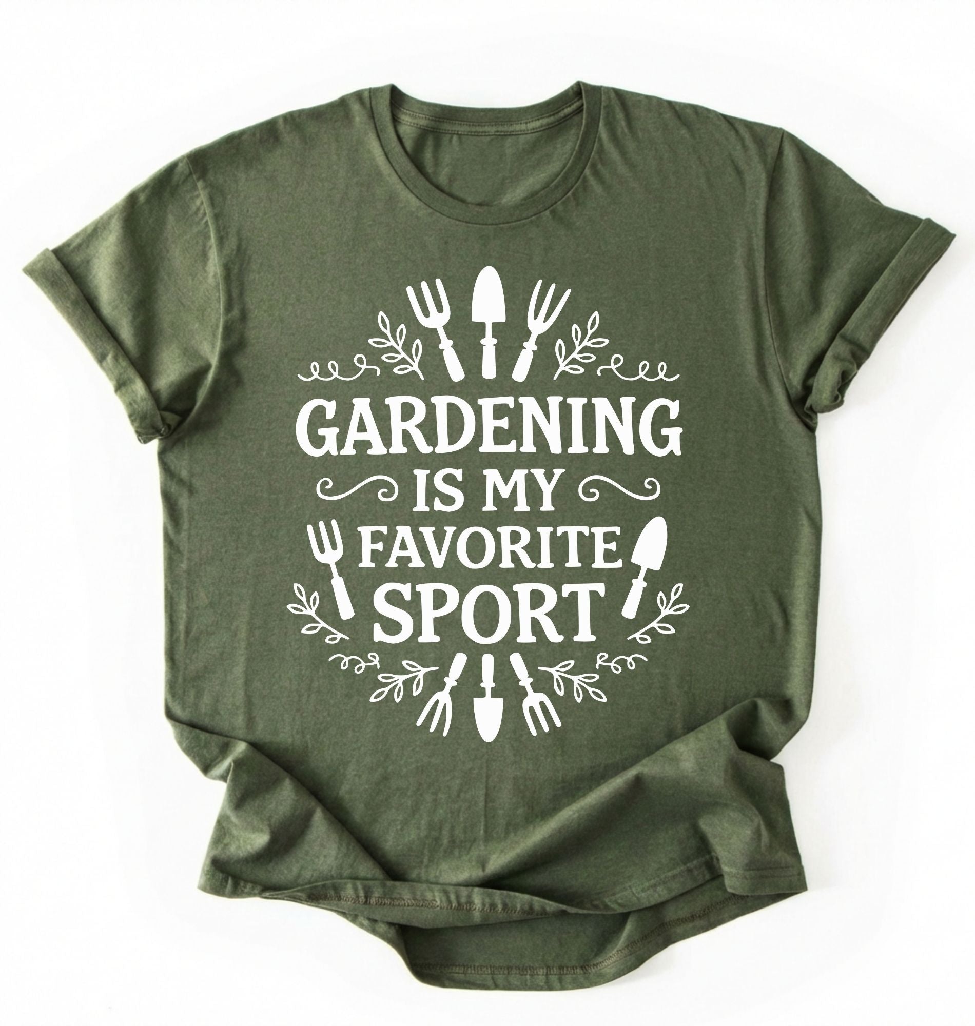 Flat lay of a moss military green Gardening is my favorite sport shirt with garden tools design perfect gift for gardeners and plant lovers on a white background