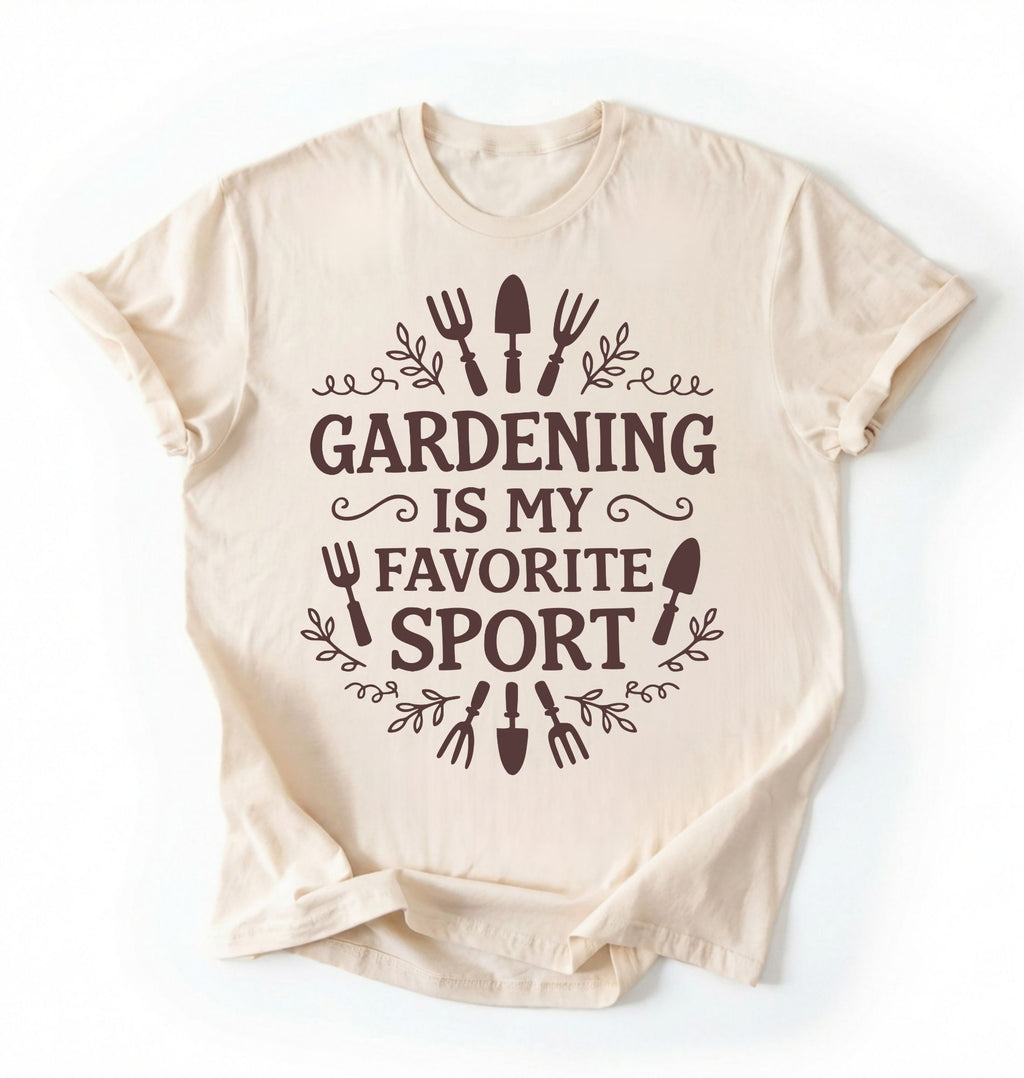 Flat lay of an ivory Gardening is my favorite sport shirt with garden tools design perfect gift for gardeners and plant lovers on a white background