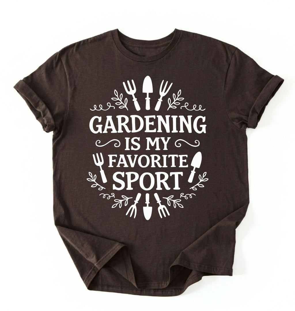 Flat lay of a dark chocolate Gardening is my favorite sport shirt with garden tools design perfect gift for gardeners and plant lovers on a white background