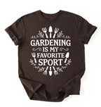 Flat lay of a dark chocolate Gardening is my favorite sport shirt with garden tools design perfect gift for gardeners and plant lovers on a white background