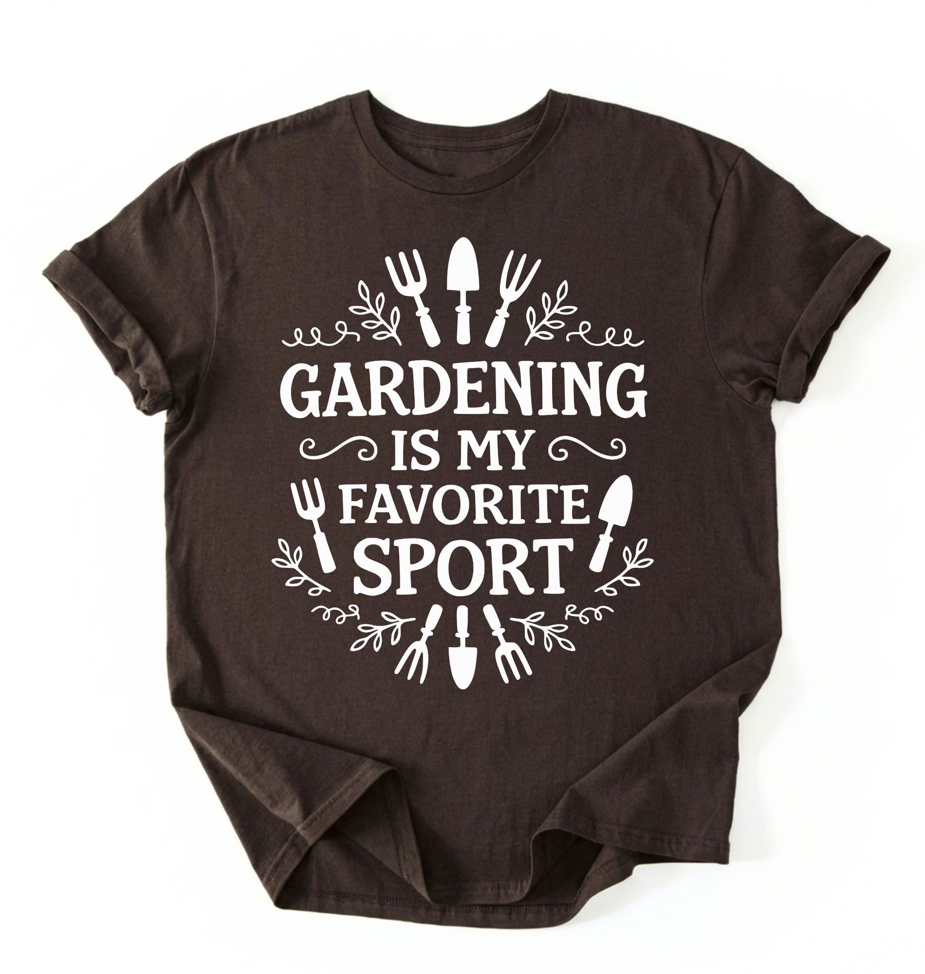 Flat lay of a dark chocolate Gardening is my favorite sport shirt with garden tools design perfect gift for gardeners and plant lovers on a white background
