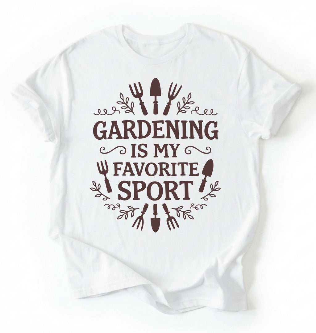 Flat lay of a white Gardening is my favorite sport shirt with garden tools design perfect gift for gardeners and plant lovers on a white background