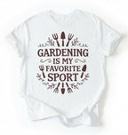 Flat lay of a white Gardening is my favorite sport shirt with garden tools design perfect gift for gardeners and plant lovers on a white background