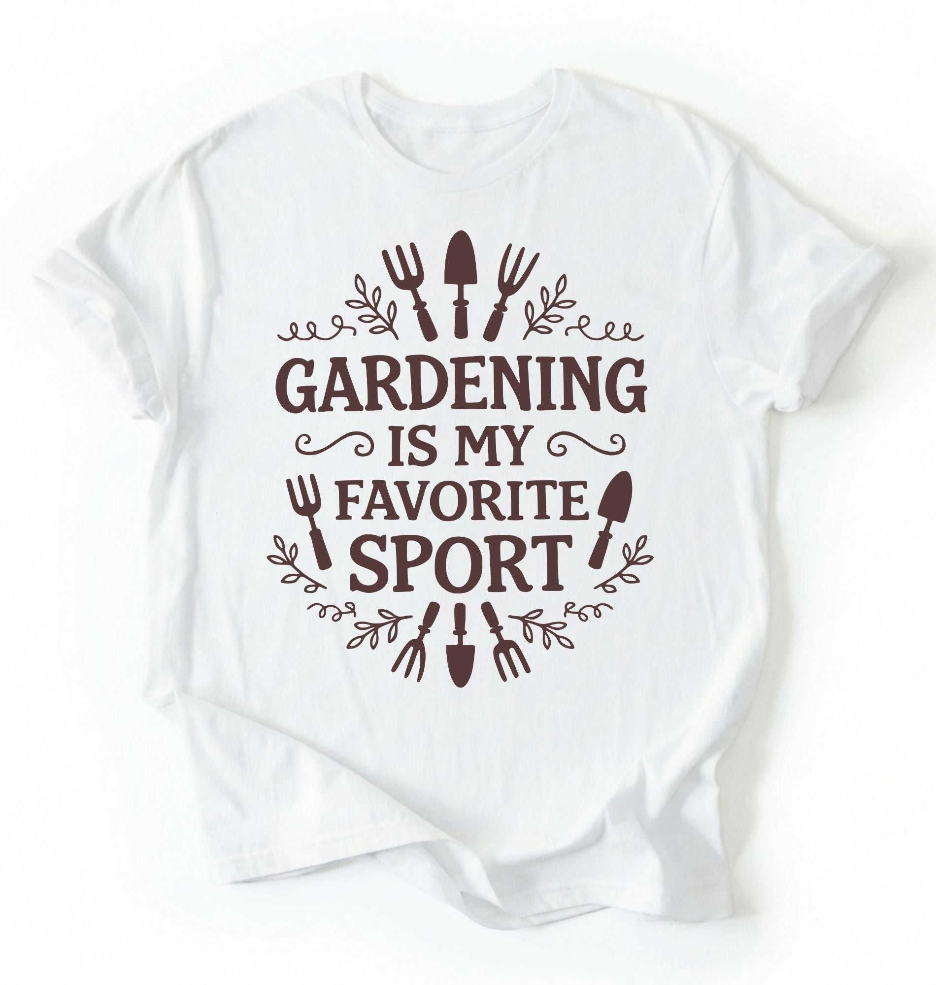 Flat lay of a white Gardening is my favorite sport shirt with garden tools design perfect gift for gardeners and plant lovers on a white background