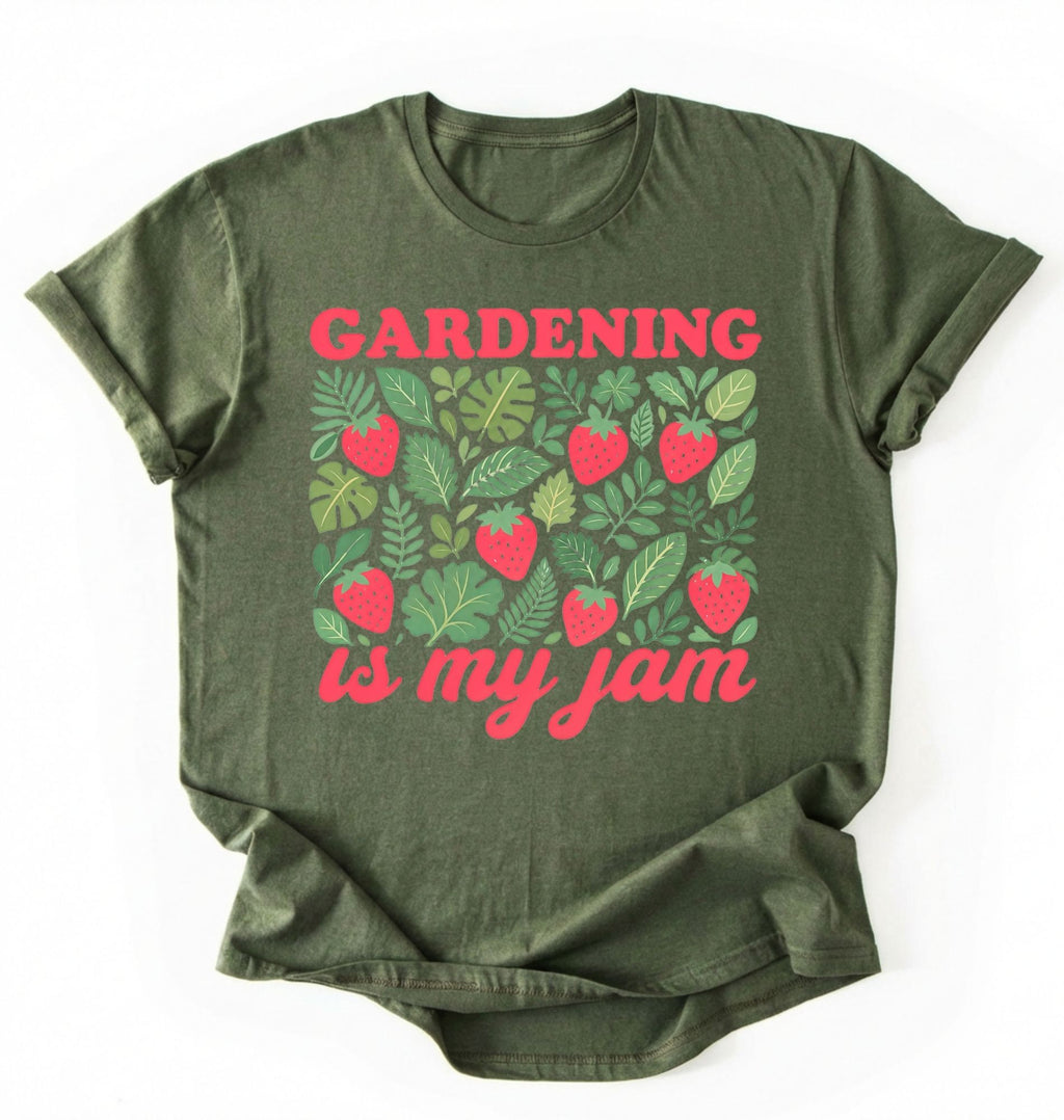Flat lay of a green gardening is my jam shirt white funny plant lover t shirt cute strawberry garden gift on a white background 