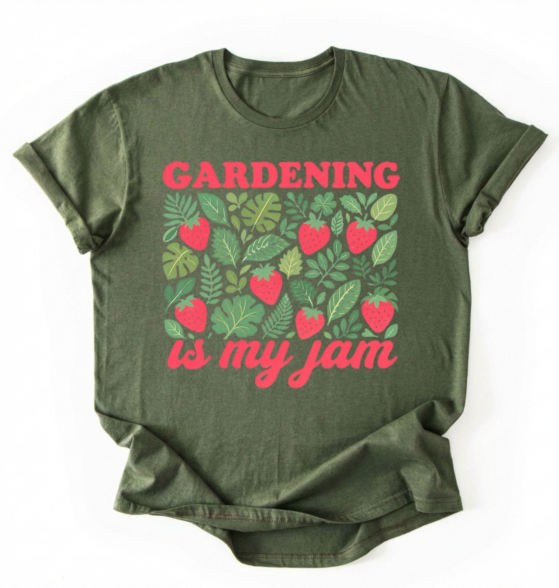 Flat lay of a green gardening is my jam shirt white funny plant lover t shirt cute strawberry garden gift on a white background 