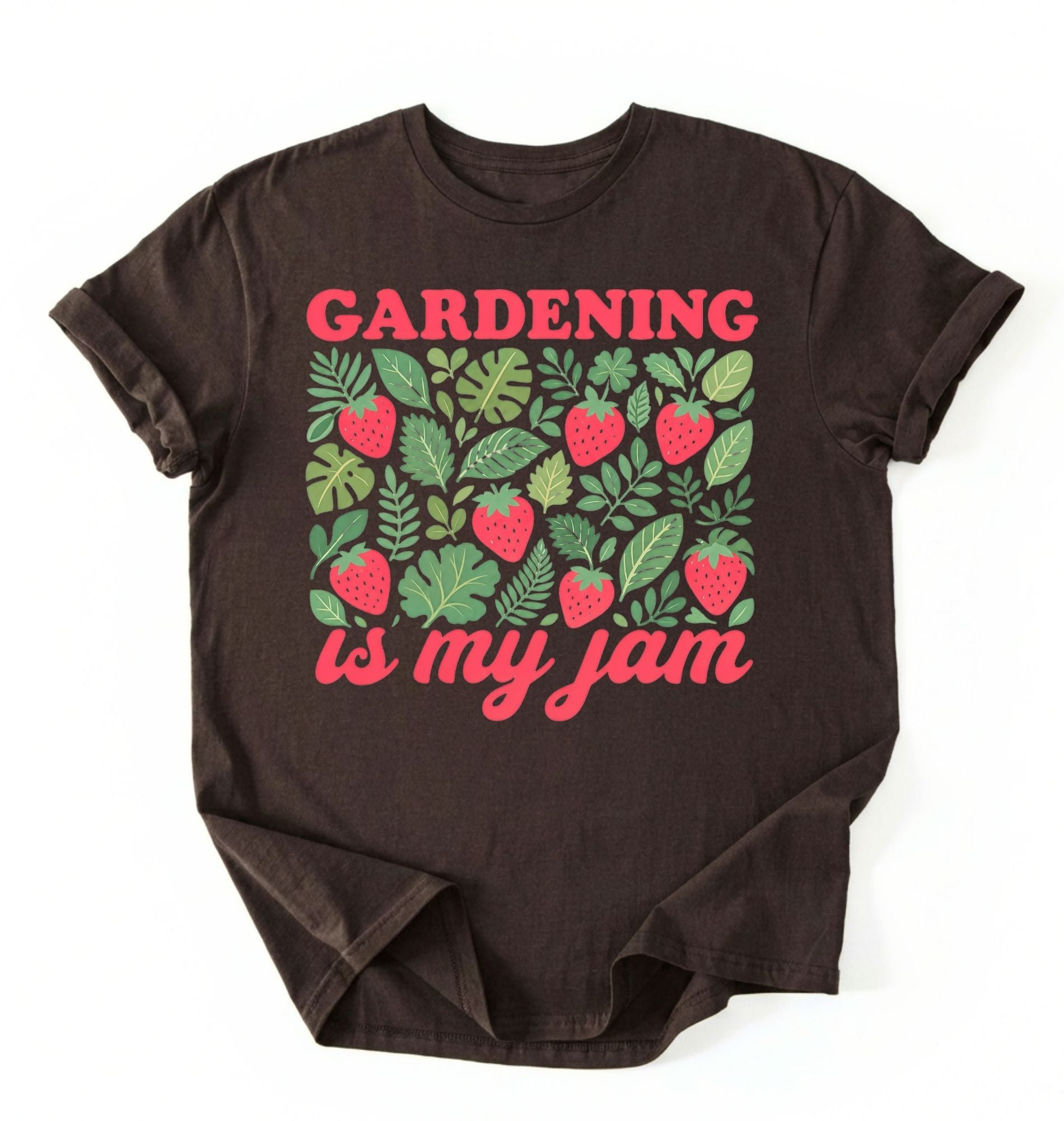 Flat lay of a dark chocolate gardening is my jam shirt white funny plant lover t shirt cute strawberry garden gift on a white background 