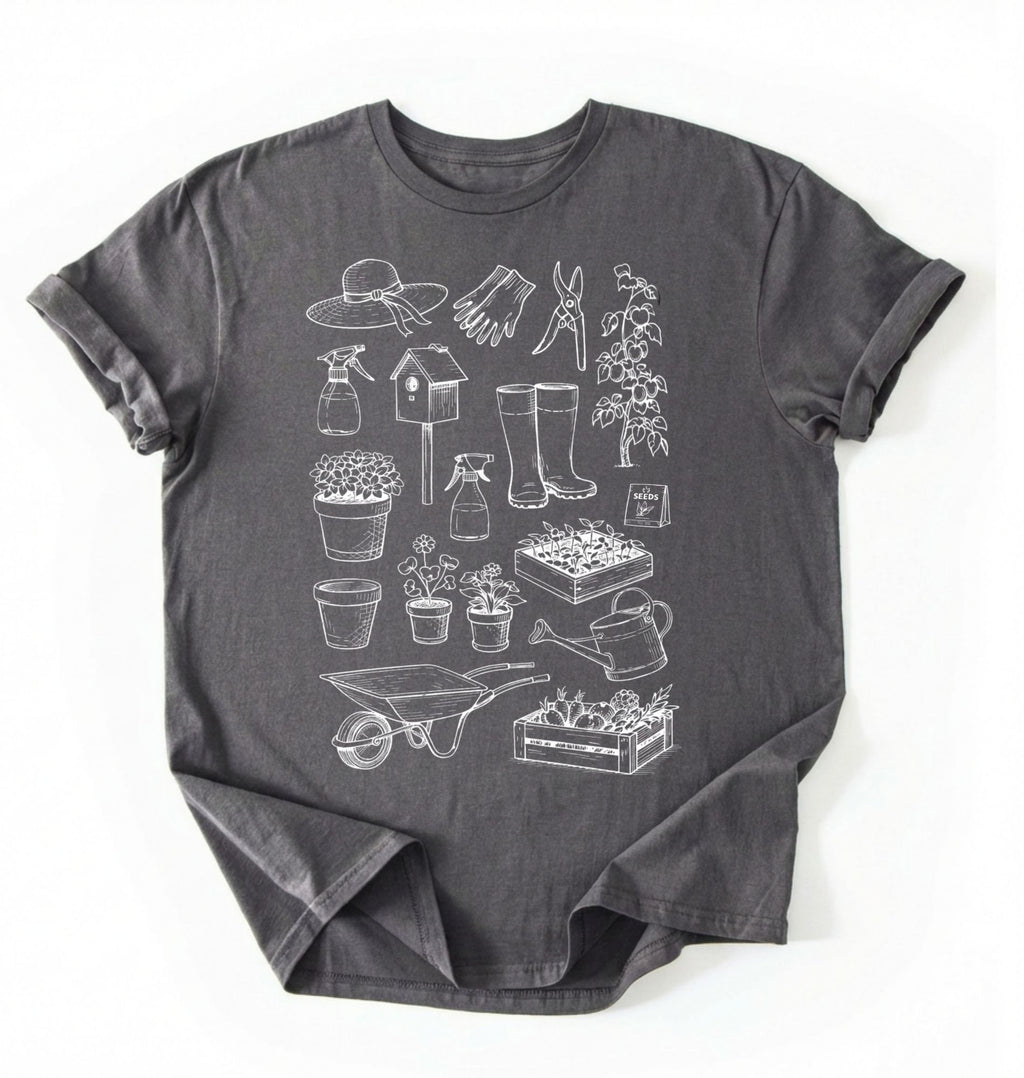 Flat lay of a charcoal Gardening tools shirt with plants pots and garden equipment design perfect gift for gardeners and plant lovers on a white background