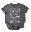 Flat lay of a charcoal Gardening tools shirt with plants pots and garden equipment design perfect gift for gardeners and plant lovers on a white background
