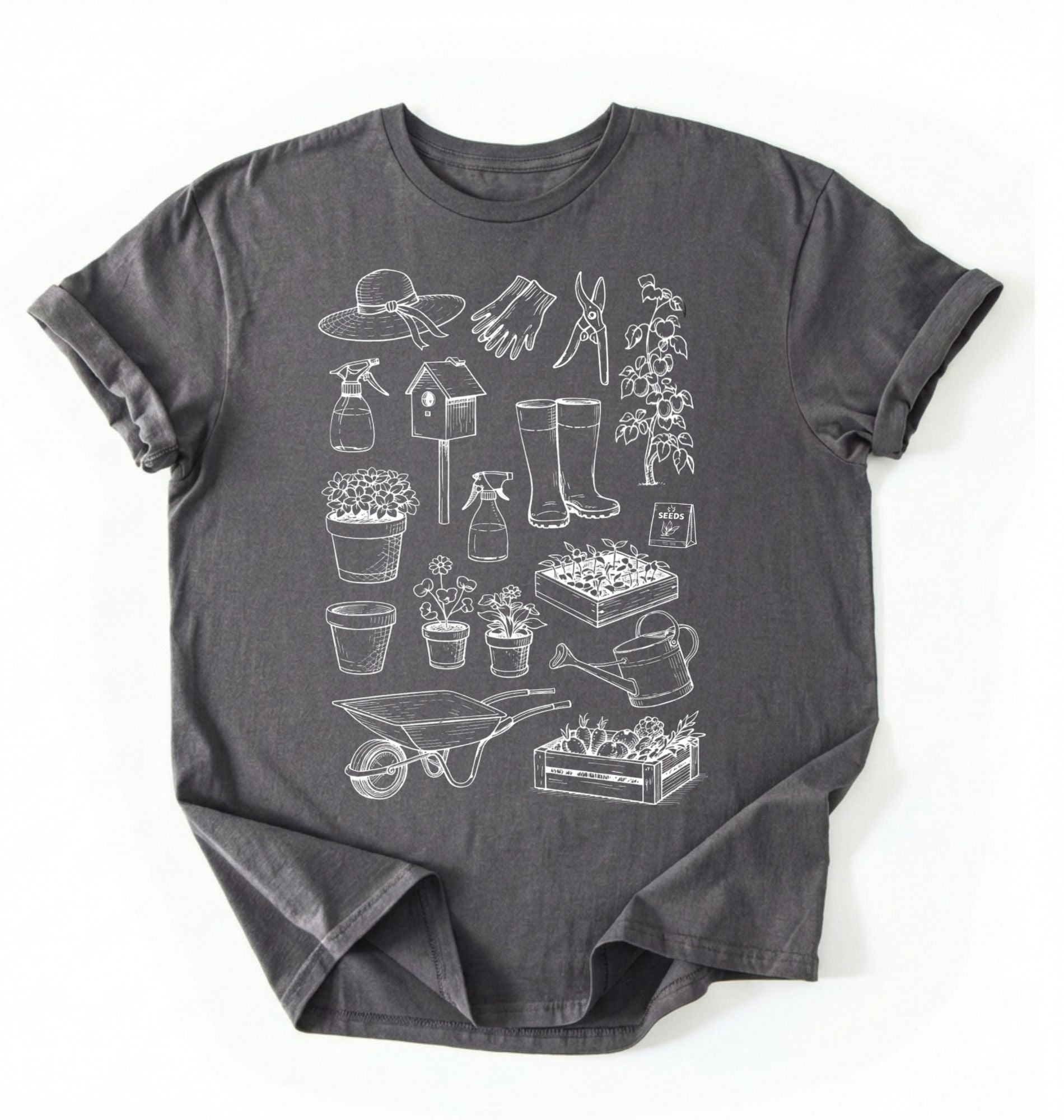 Flat lay of a charcoal Gardening tools shirt with plants pots and garden equipment design perfect gift for gardeners and plant lovers on a white background