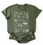 Flat lay of a green Gardening tools shirt with plants pots and garden equipment design perfect gift for gardeners and plant lovers on a white background