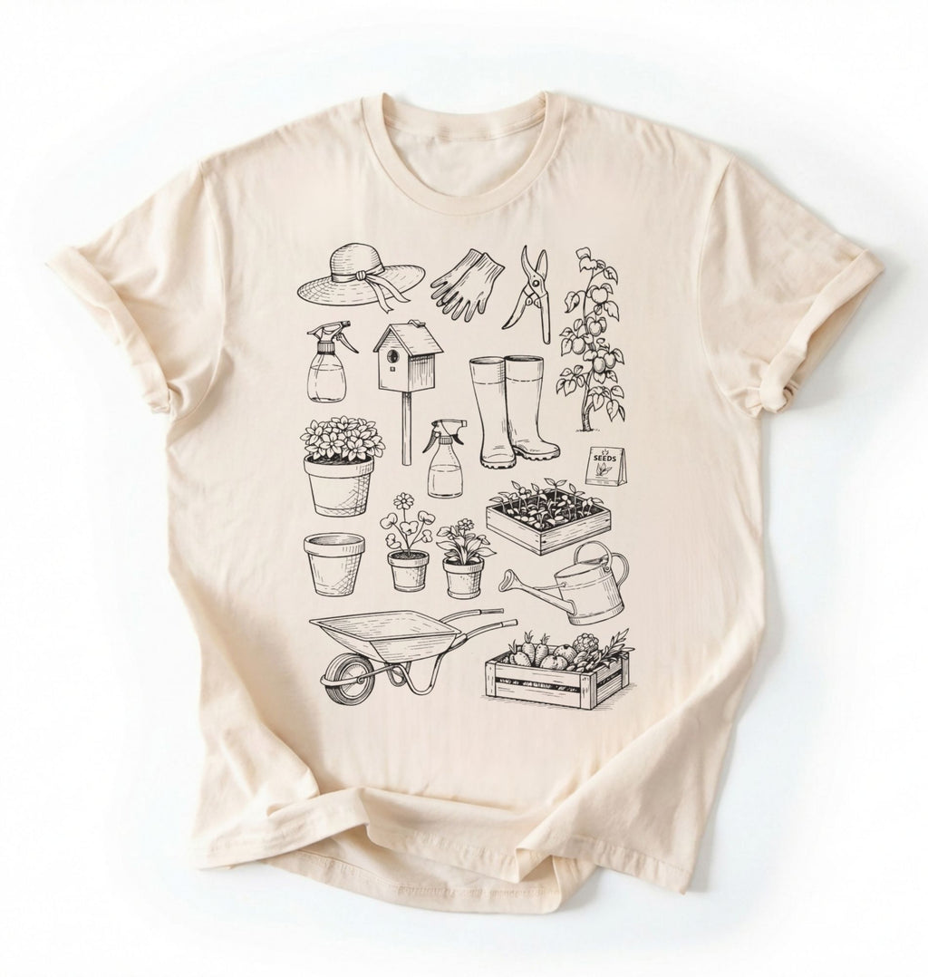 Flat lay of a natural Gardening tools shirt with plants pots and garden equipment design perfect gift for gardeners and plant lovers on a white background