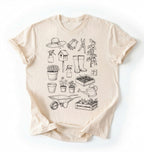 Flat lay of a natural Gardening tools shirt with plants pots and garden equipment design perfect gift for gardeners and plant lovers on a white background