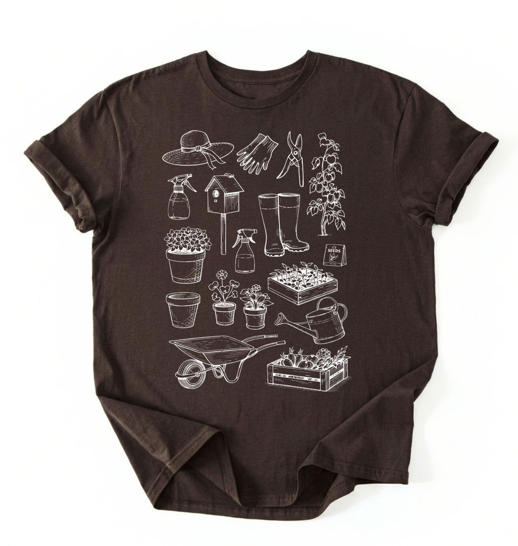Flat lay of a dark chocolate Gardening tools shirt with plants pots and garden equipment design perfect gift for gardeners and plant lovers on a white background