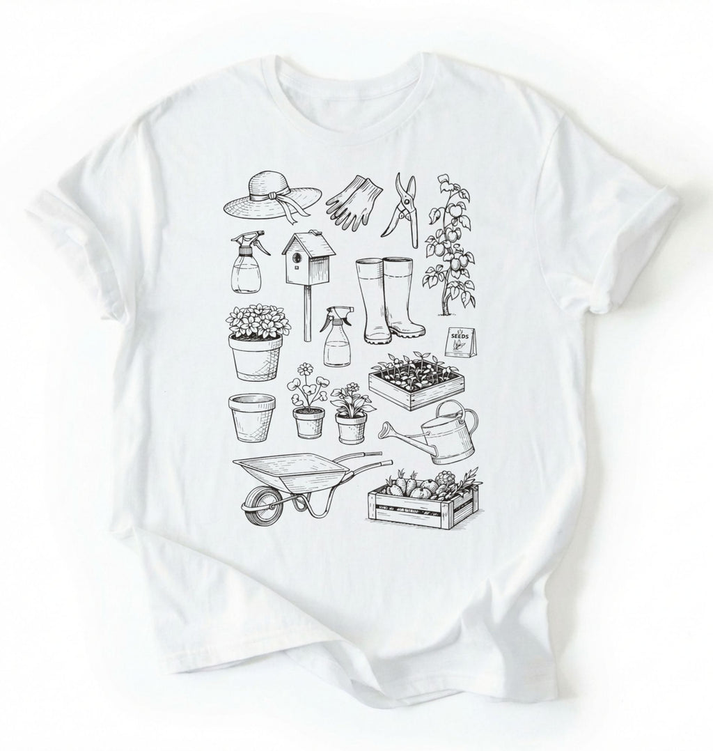 Flat lay of a white Gardening tools shirt with plants pots and garden equipment design perfect gift for gardeners and plant lovers on a white background