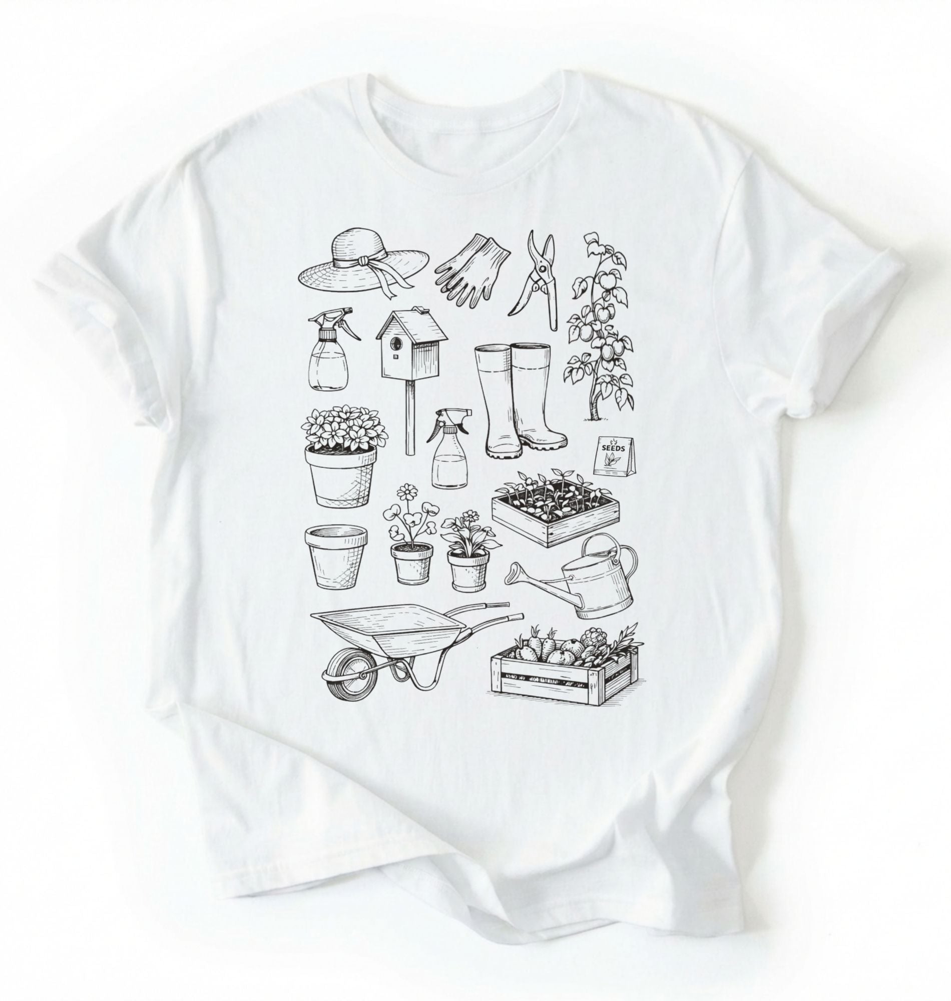 Flat lay of a white Gardening tools shirt with plants pots and garden equipment design perfect gift for gardeners and plant lovers on a white background