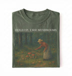 Moss mushroom shirt with vintage forest artwork and text Hold Up I See Mushrooms, cottagecore gardener gift