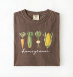 homegrown vegetable t shirt with illustrated carrot celery turnip and corn gardener gift