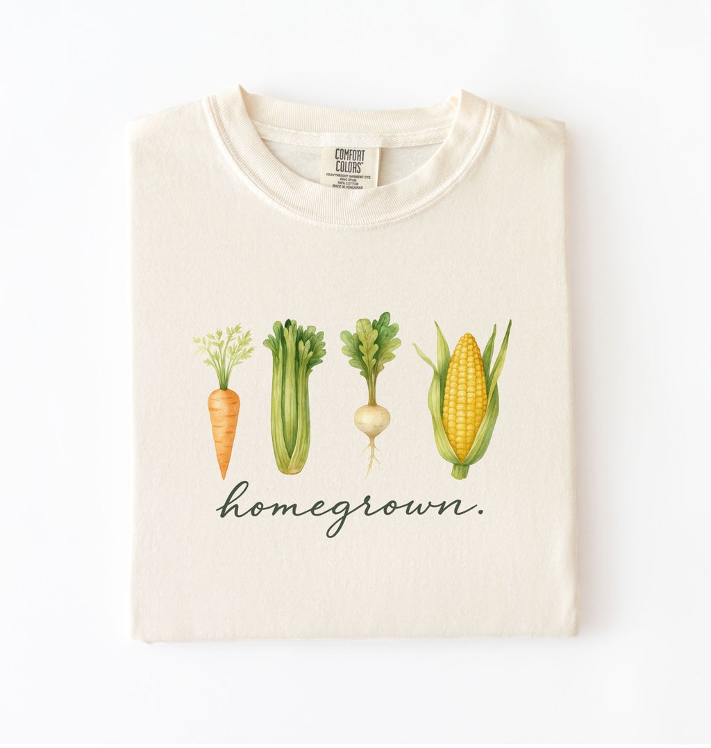 homegrown vegetable t shirt with illustrated carrot celery turnip and corn gardener gift