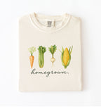 homegrown vegetable t shirt with illustrated carrot celery turnip and corn gardener gift