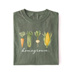 homegrown vegetable t shirt with illustrated carrot celery turnip and corn gardener gift