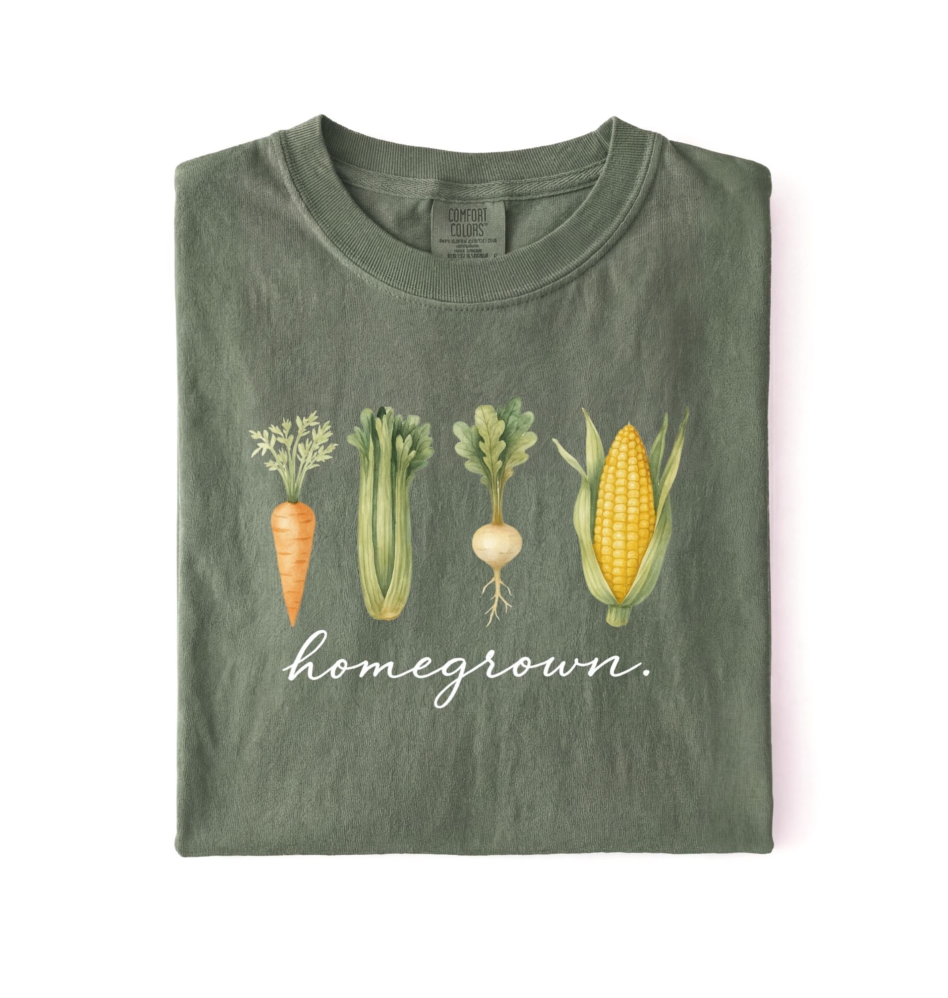 homegrown vegetable t shirt with illustrated carrot celery turnip and corn gardener gift