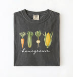 homegrown vegetable t shirt with illustrated carrot celery turnip and corn gardener gift