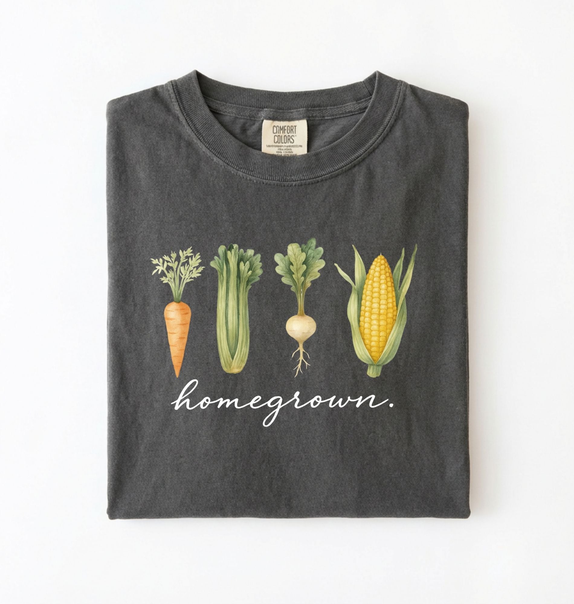homegrown vegetable t shirt with illustrated carrot celery turnip and corn gardener gift