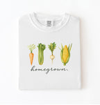 homegrown vegetable t shirt with illustrated carrot celery turnip and corn gardener gift