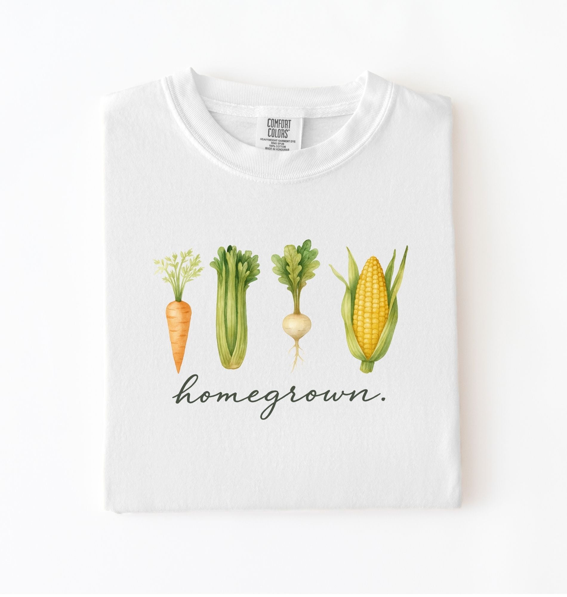 homegrown vegetable t shirt with illustrated carrot celery turnip and corn gardener gift