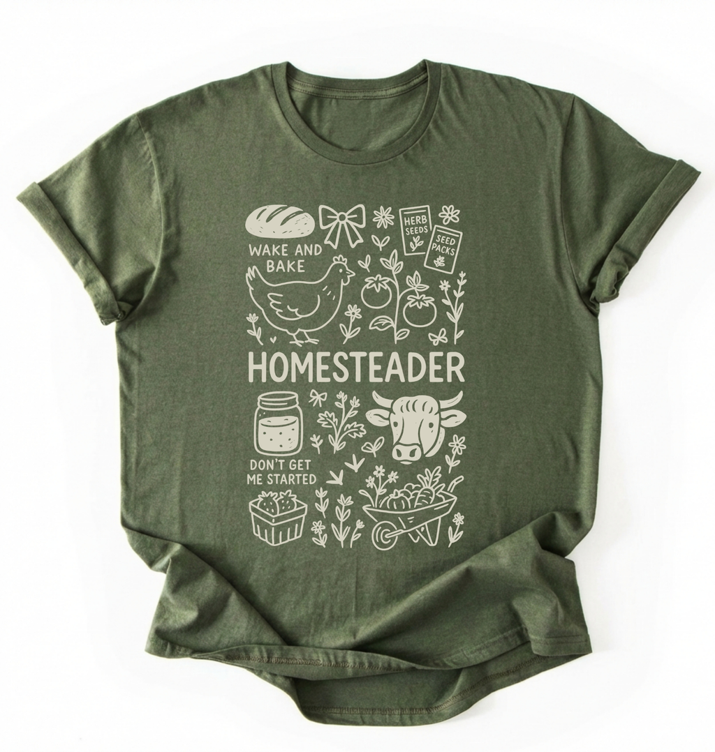 Flat lay of a green homesteader shirt with chicken farm garden and baking icons cottagecore aesthetic gift white t-shirt on a white backgroud