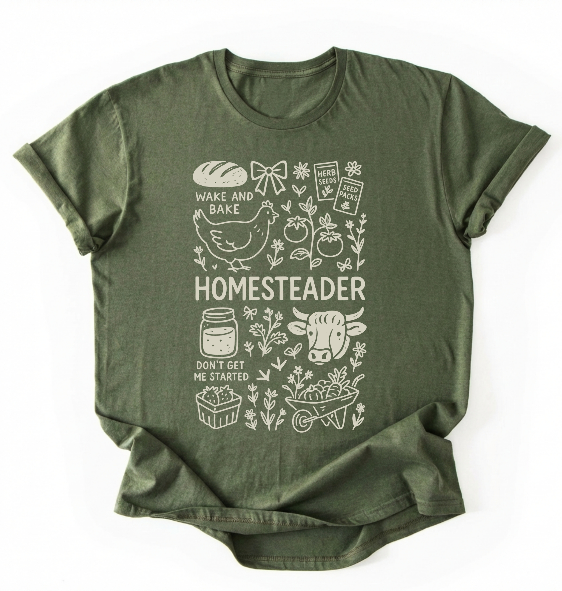 Flat lay of a green homesteader shirt with chicken farm garden and baking icons cottagecore aesthetic gift white t-shirt on a white backgroud