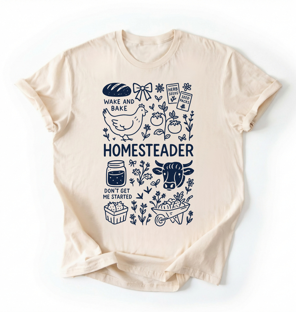 Flat lay of a natural homesteader shirt with chicken farm garden and baking icons cottagecore aesthetic gift white t-shirt on a white backgroud