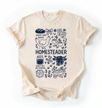 Flat lay of a natural homesteader shirt with chicken farm garden and baking icons cottagecore aesthetic gift white t-shirt on a white backgroud