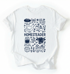 Flat lay of a white homesteader shirt with chicken farm garden and baking icons cottagecore aesthetic gift white t-shirt on a white backgroud
