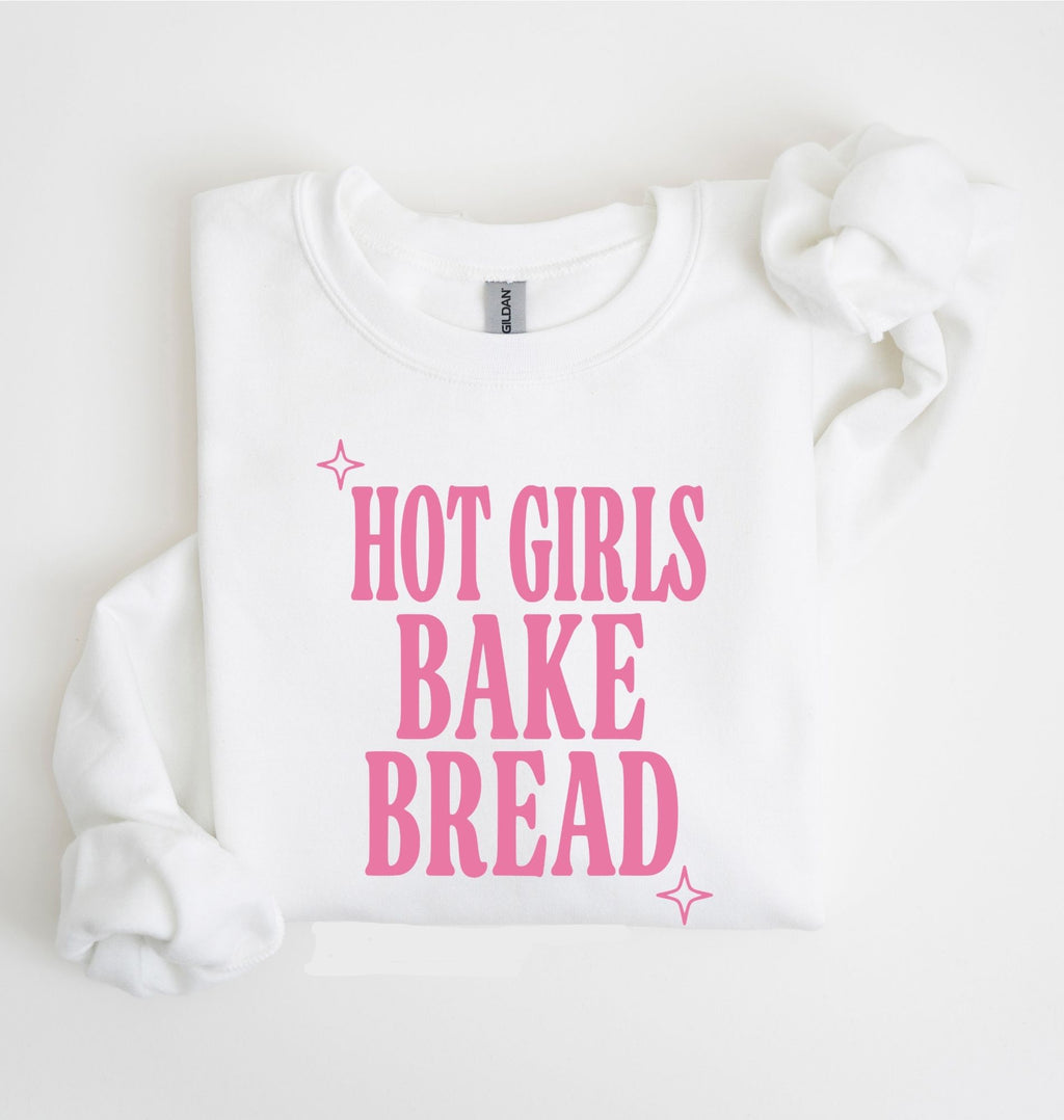 Flat lay of an white Hot Girls Bake Bread graphic sweatshirt for sourdough lovers and home bread bakers on a white background 